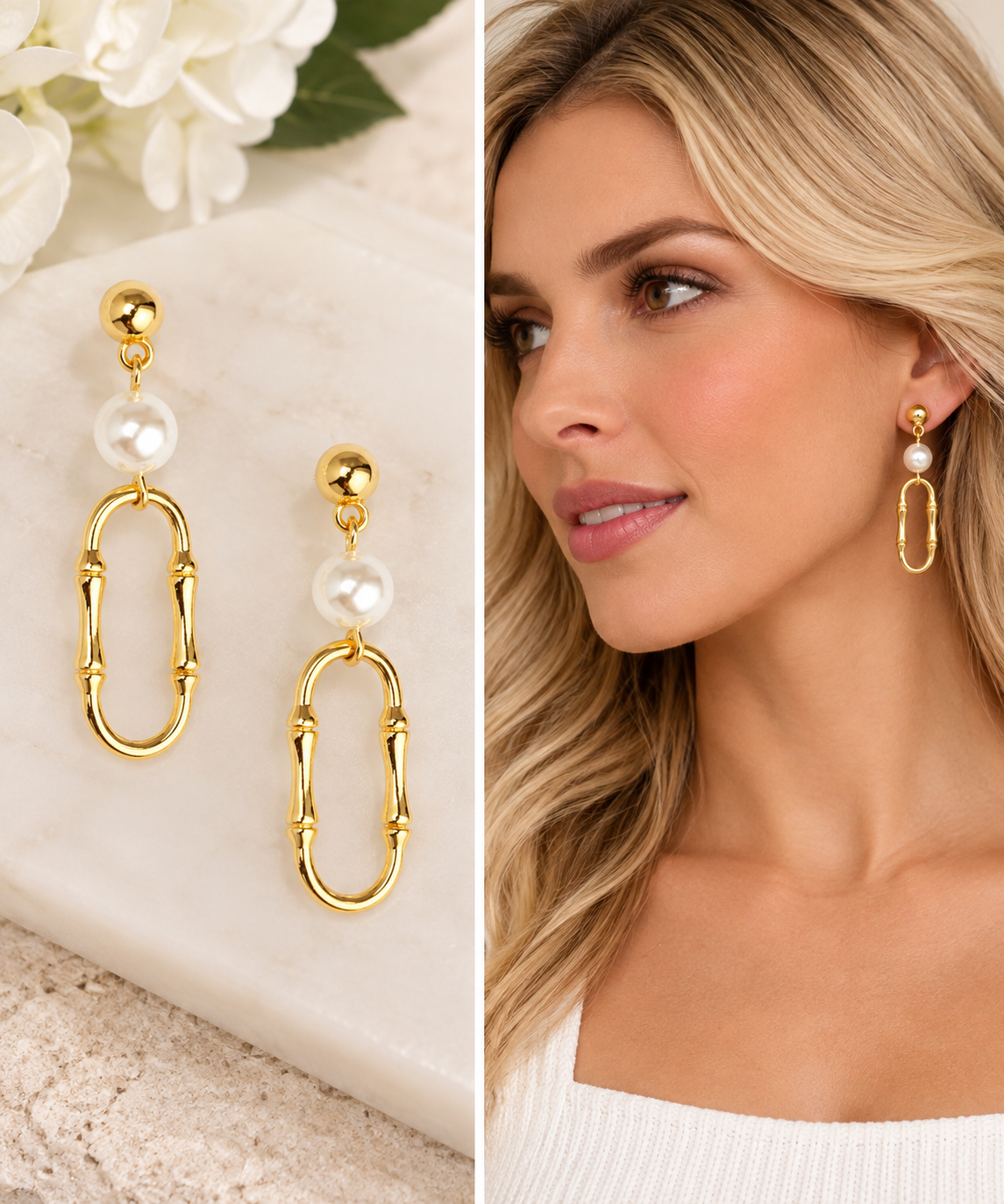 Bamboo Link Pearl Drop Earring #VE3181-Pineapples Boutique