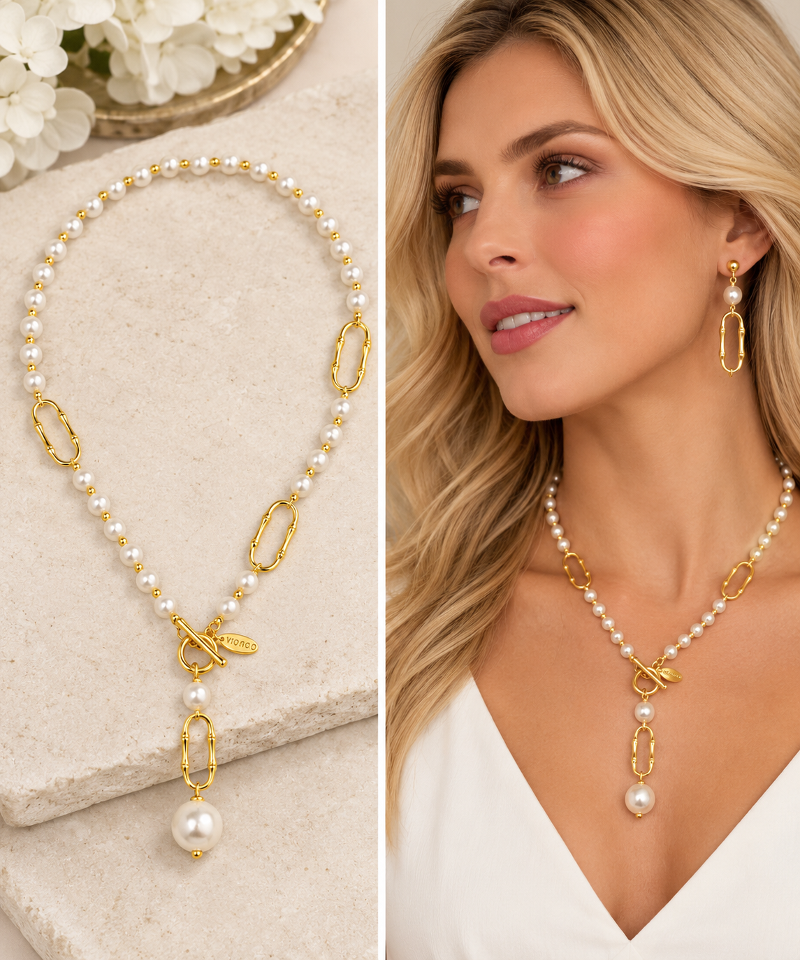 Bamboo Link Lariat Pearl Necklace #VN3030-Pineapples Boutique