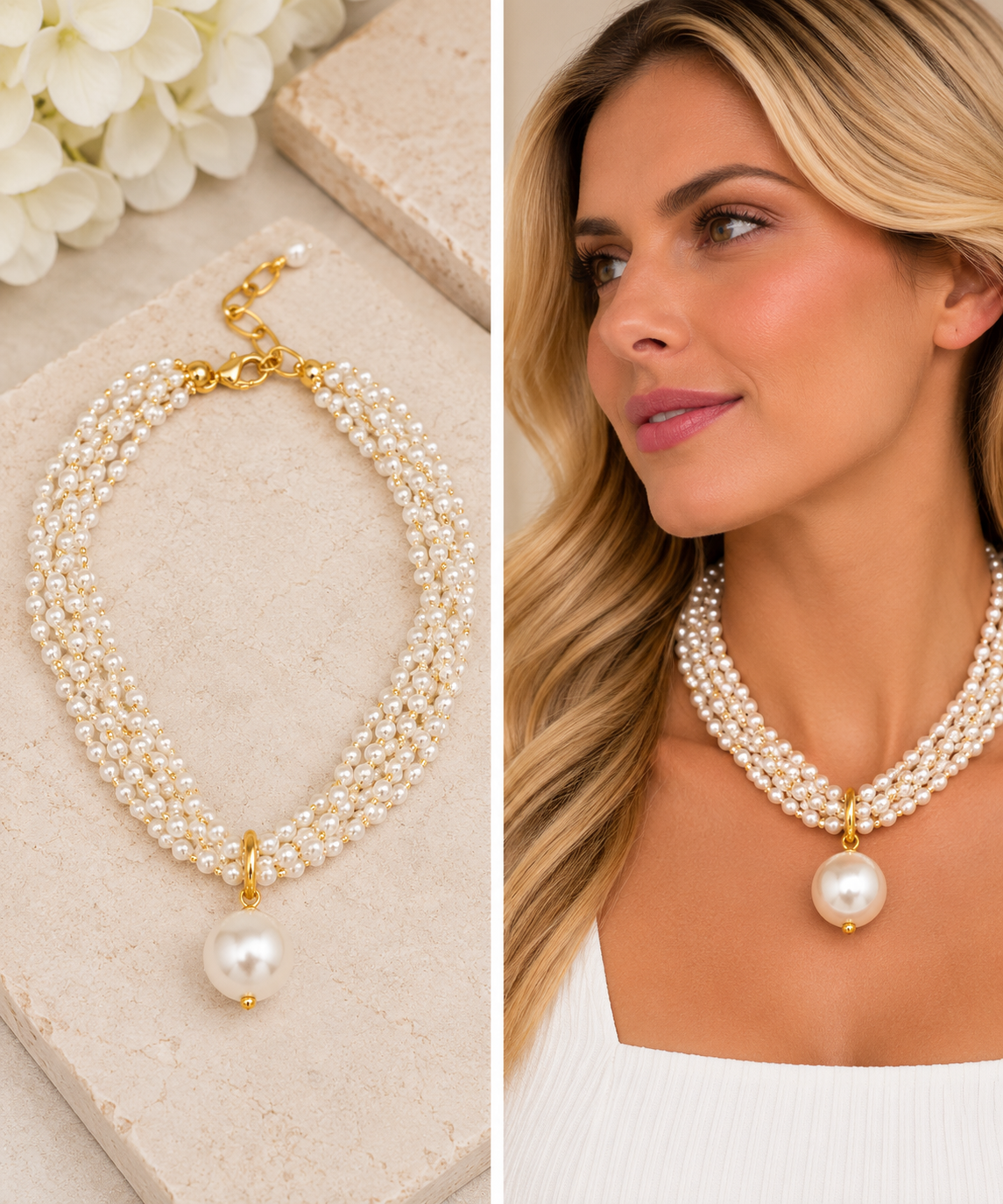 Multi strand Pearl Pendant Short Necklace-Pineapples Boutique