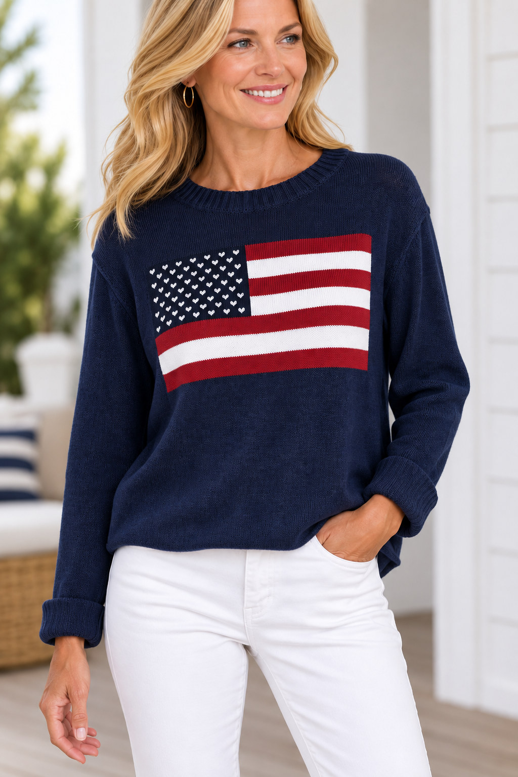 Flag Cotton Crew Neck Sweater-Pineapples Boutique