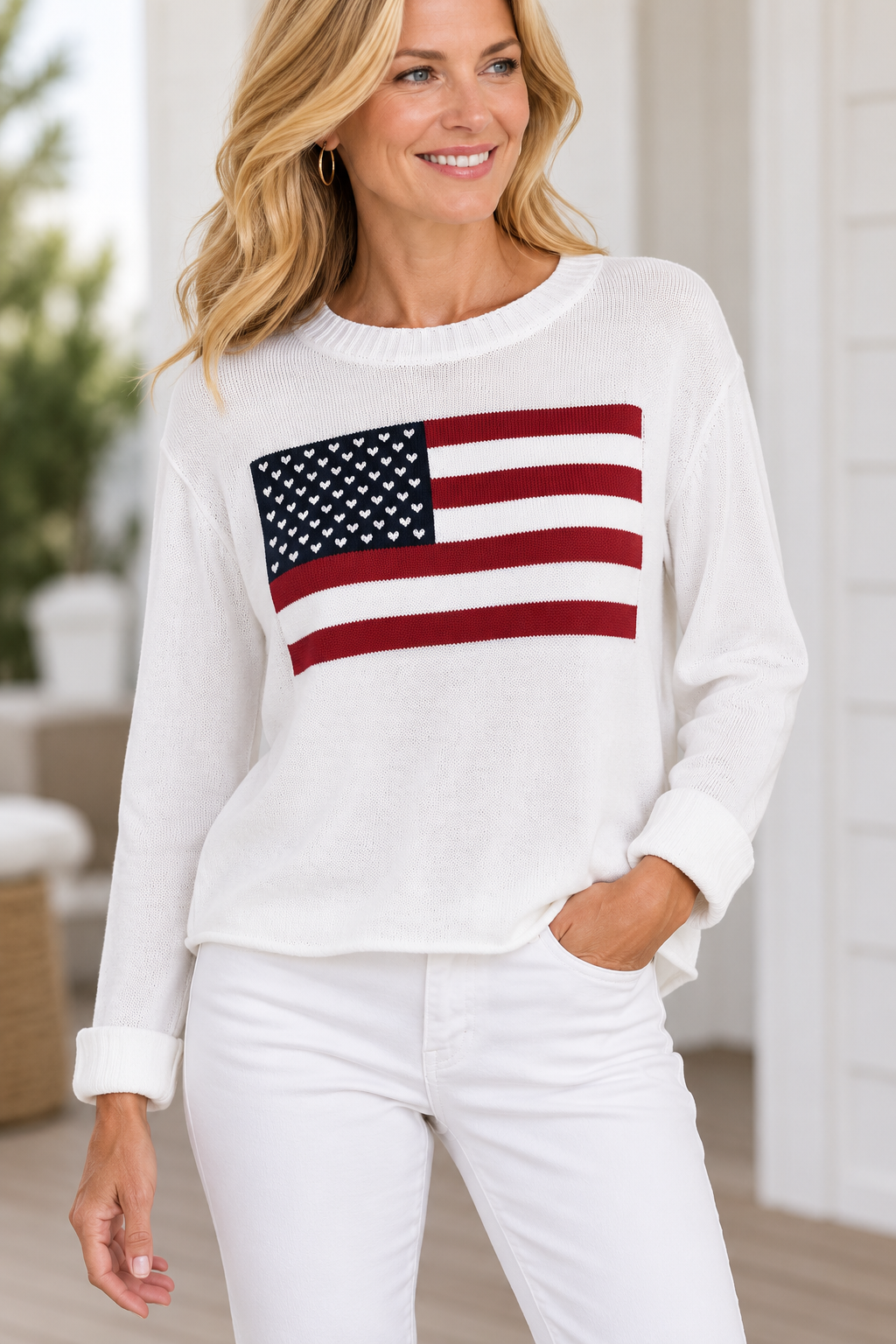 Flag Cotton Crew Neck Sweater-Pineapples Boutique